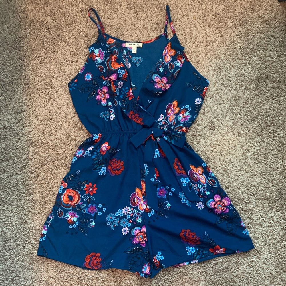 Blue floral wrap romper tank